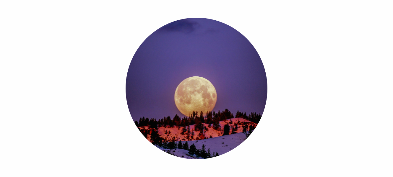 December Cold Moon rising over a quiet winter landscape, with crisp air, deep purple night sky and soft pink moonlight, reflecting the stillness symbolised by the Cold Moon meaning.