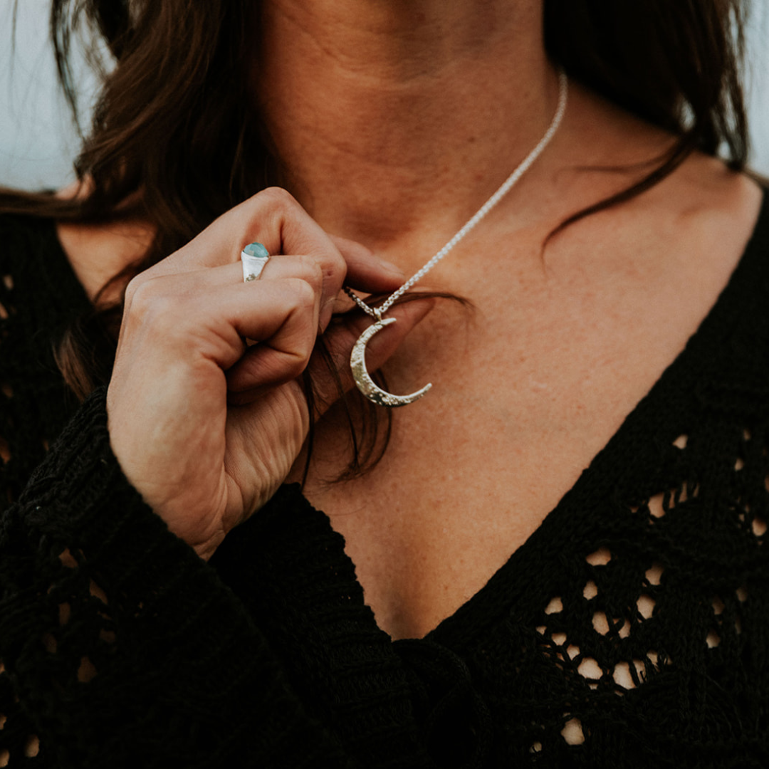 Large Crescent Moon Necklace Silver