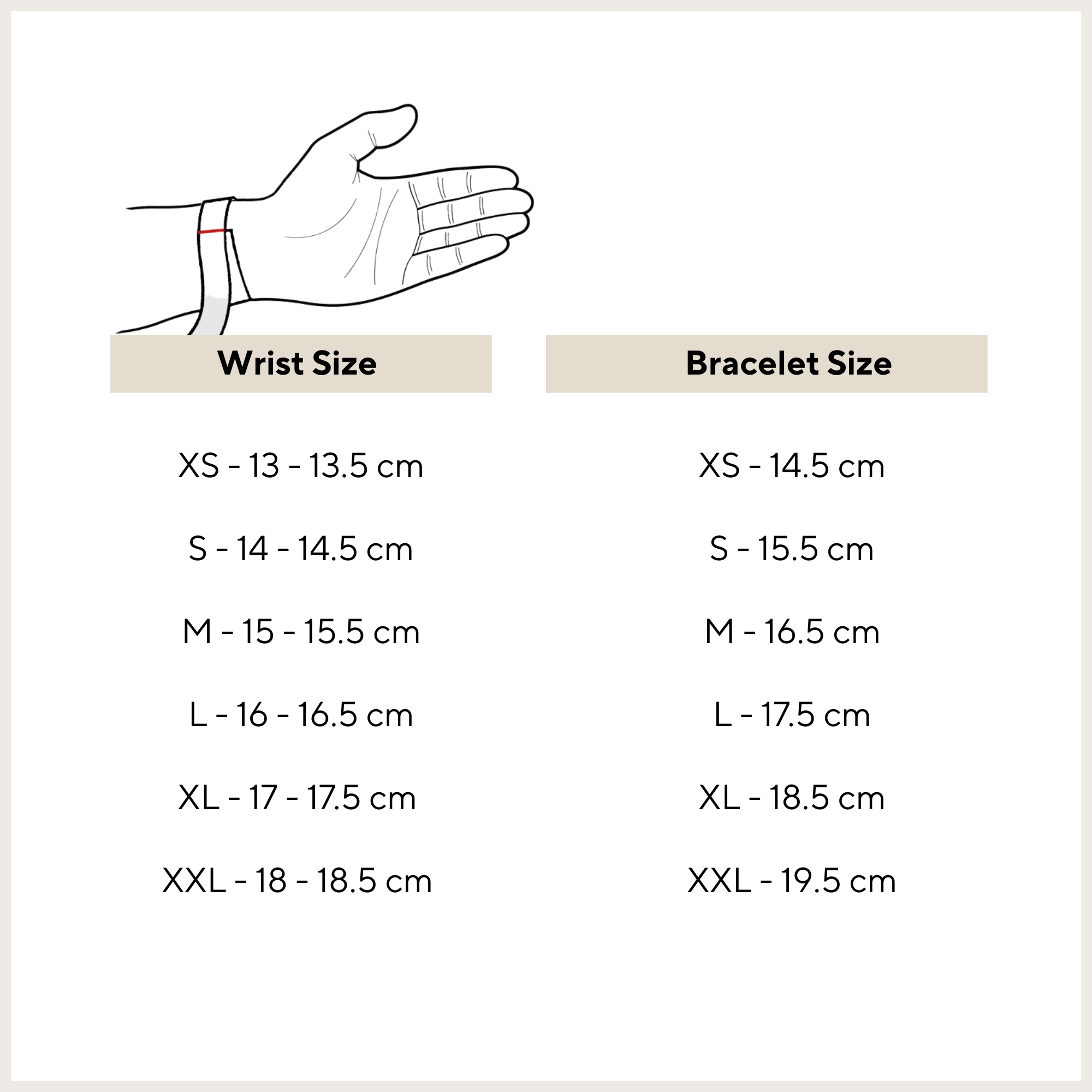Bracelet size chart showing wrist measurements with corresponding bracelet sizes to help find the perfect fit.