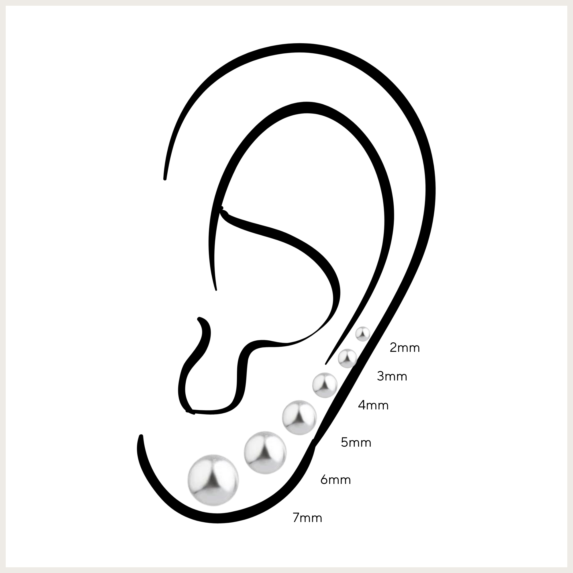 Stud earring size chart showing 2mm, 3mm, 4mm, 5mm, 6mm and 7mm studs on an ear illustration for size comparison.