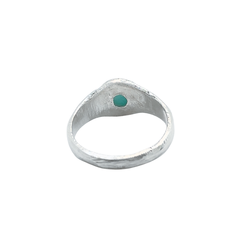 Back view of a sterling silver amazonite ring photographed on a white background.
