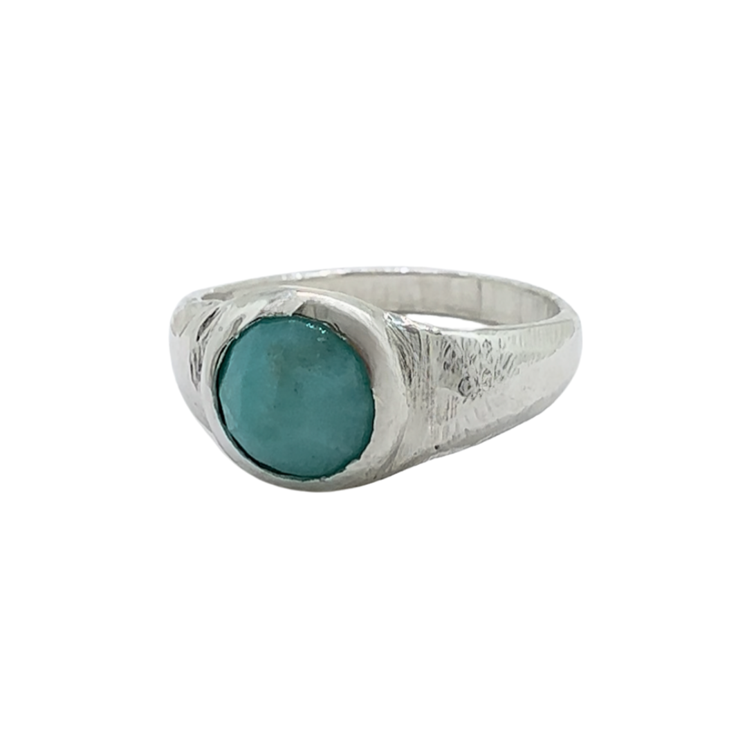 Front view of a sterling silver amazonite ring showing the natural blue-green stone on a white background.